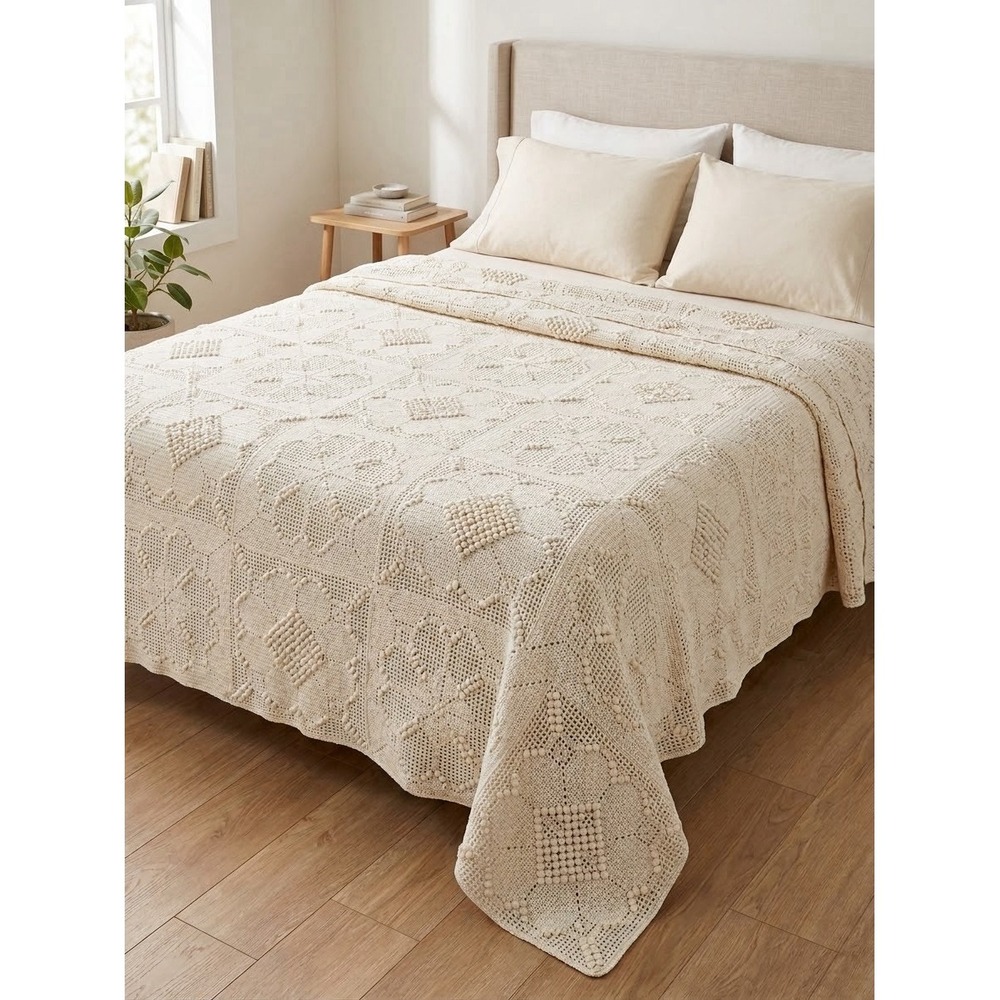 Vintage Crochet Bedspread 82x90 Off White Cream Beige Full Queen Popcorn Stitch
